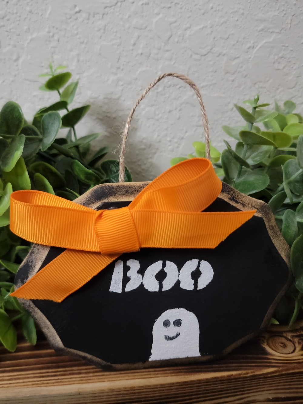 Halloween 'Boo' Ghost Sign in Orange and Black With Jute Hanging